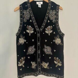 Vintage Beaded Button Front Holiday Sweater Vest Grandmacore 90s - Small